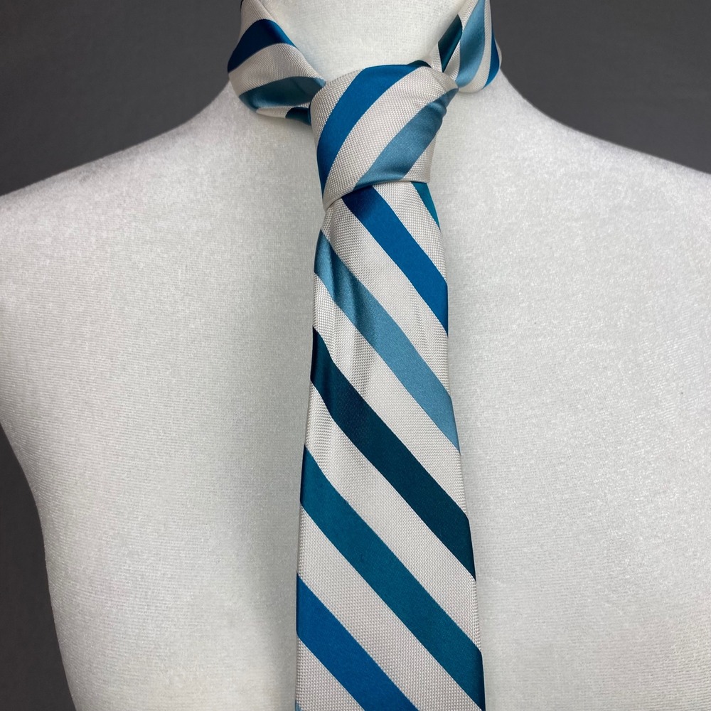Express Mens Blue Teal White Diagonal Striped 100% Silk Necktie